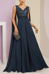 Chic Dark Navy A-Line V-Neck Sequined Sleeveless Chiffon Party Dresses With Appliques
